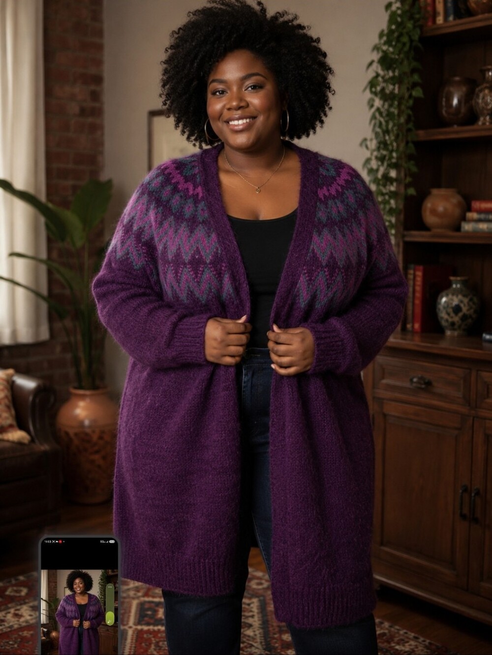Lane Bryant Deep Plum V-Neck Fair Isle Open Front Long Cardigan Plus Size 18